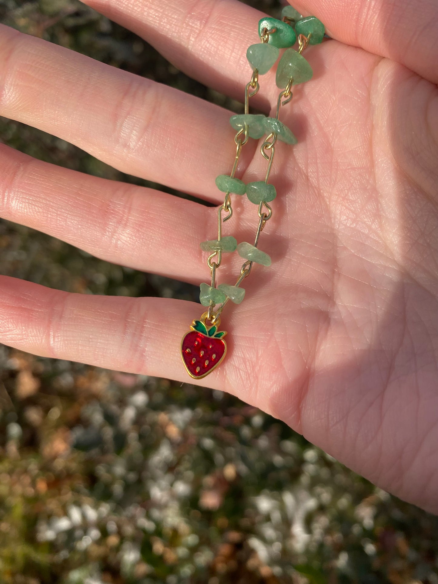 Strawberry Aventurine Fruit Gemstone Gold Charm Necklace