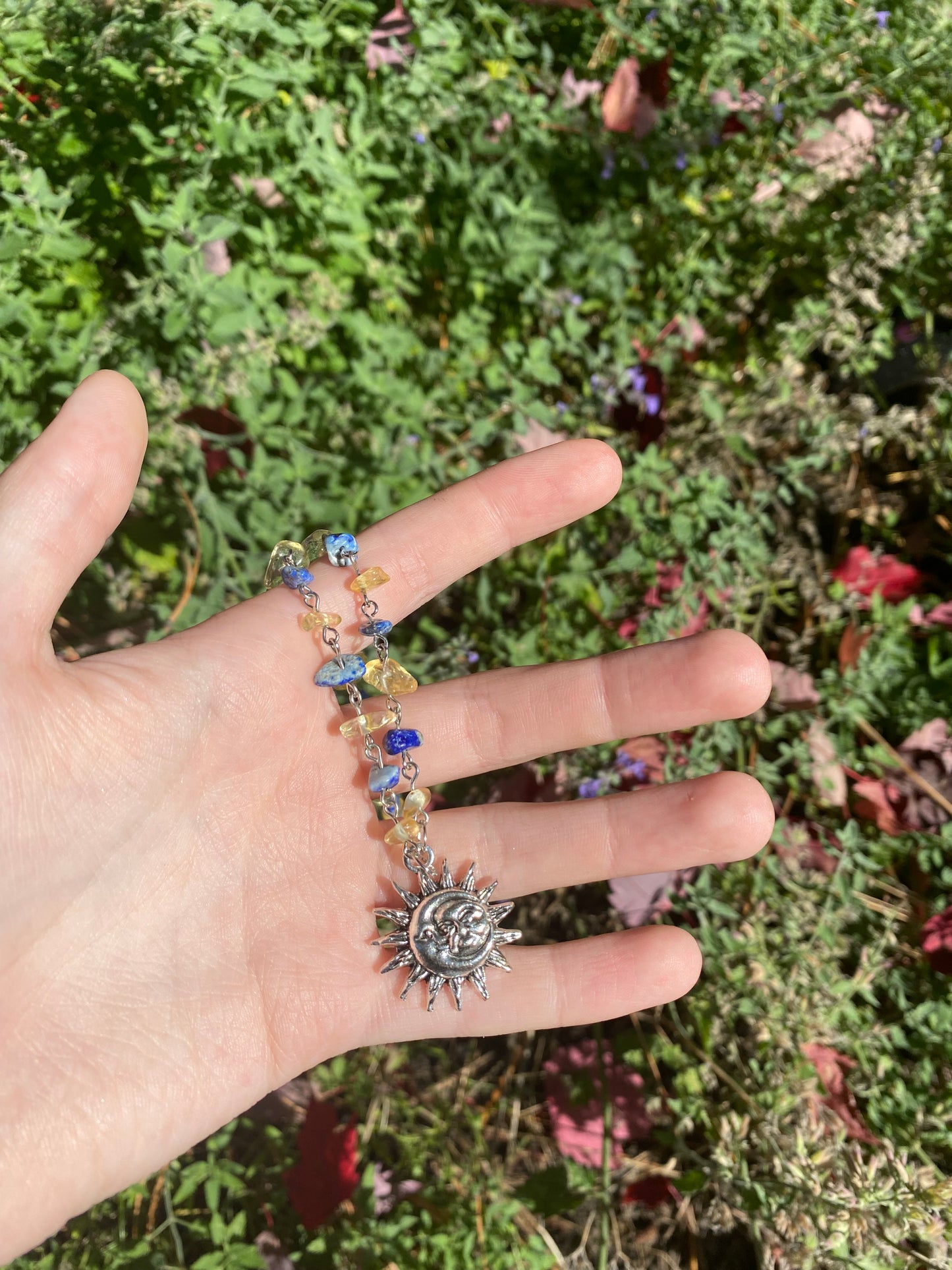 Sun and Moon Silver Citrine and Lapis Gemstone Charm Necklace