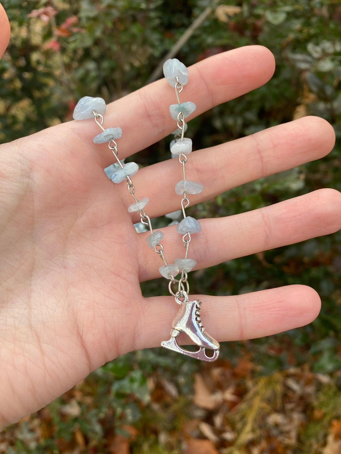 Ice Figure Skating Aquamarine Gemstone Silver Charm Necklace