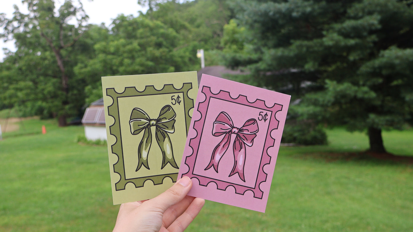 Bow Postage Stamp Design Postcard in Pink or Green