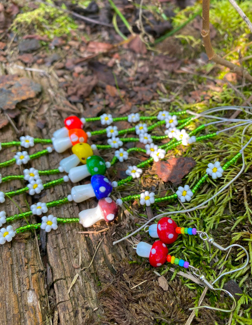 Rainbow Mushroom Plant Dangle Drop Earrings