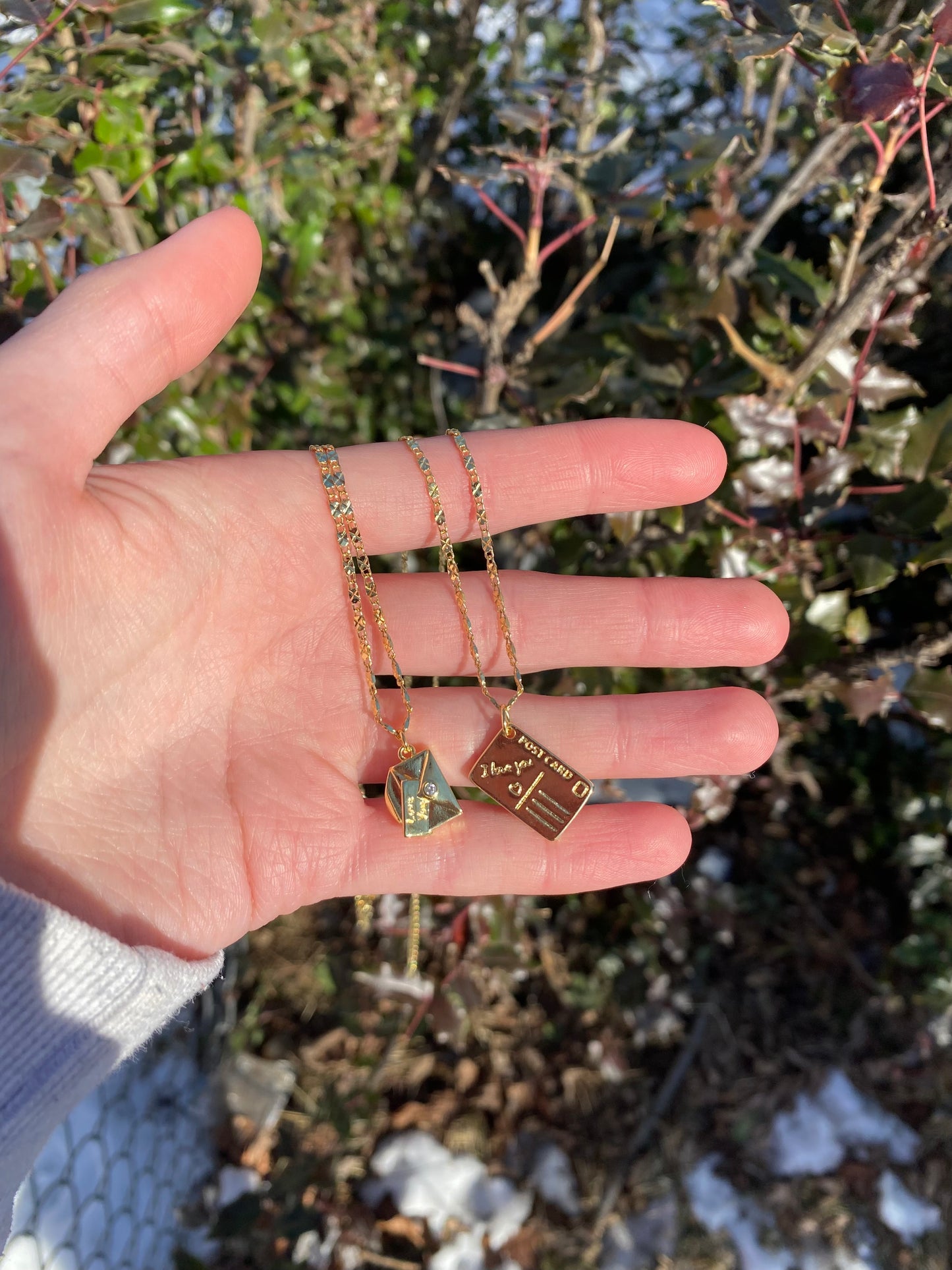 Love Letter Gold Mail Inspired Sunburst Charm Necklace in Postcard or Card