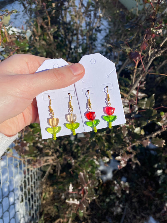 Tulip Flower Beaded Dangle Drop Gold Earrings in Yellow or Red