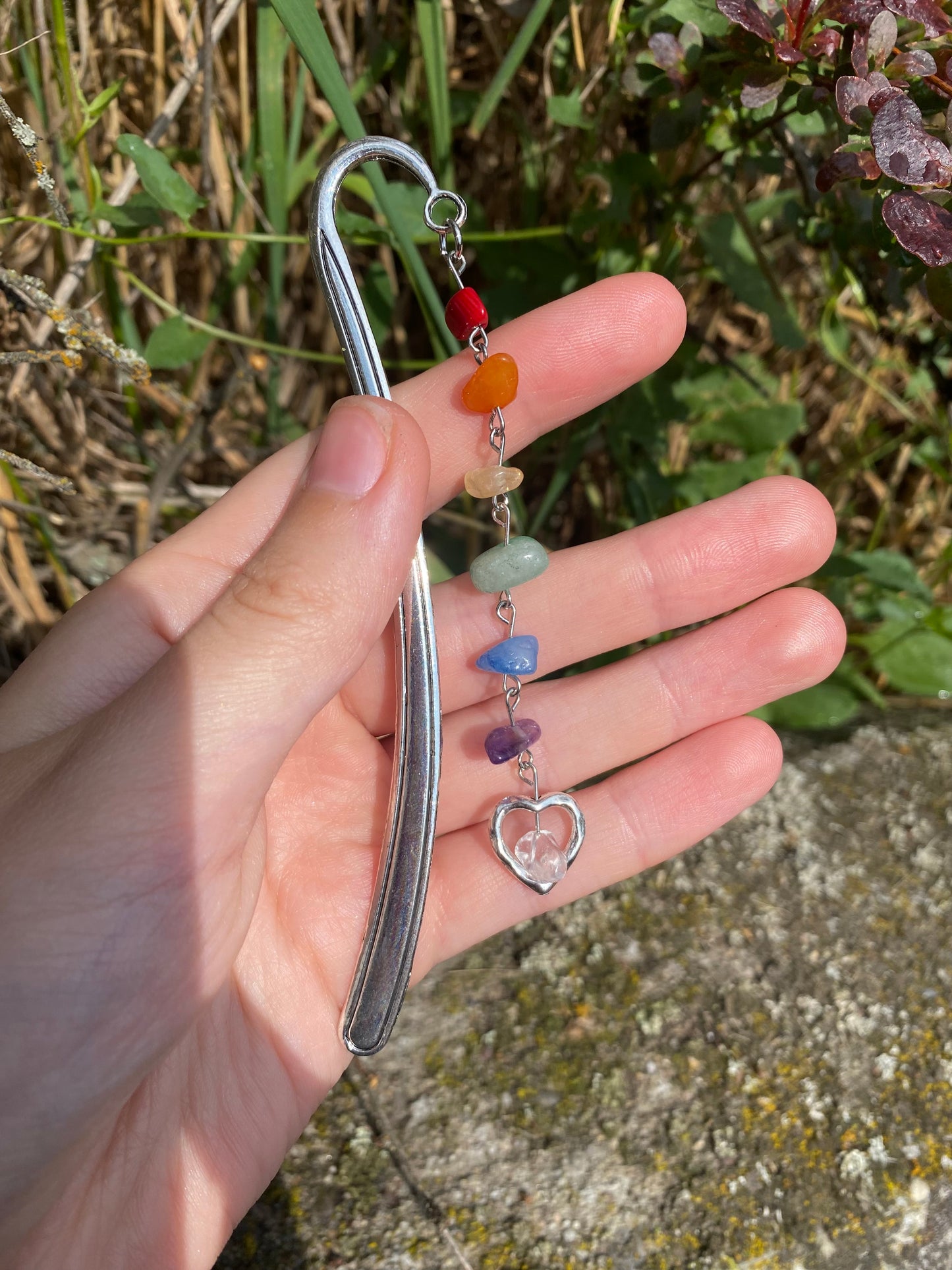 Large Rainbow Heart Gemstone Bookmark in Silver