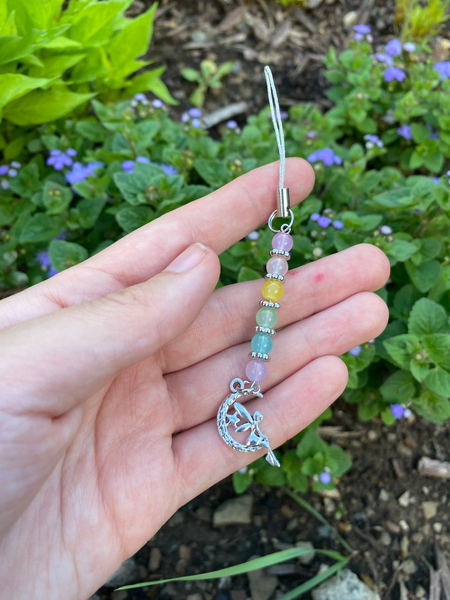 Pastel Rainbow Fairy on a Moon Silver Phone Charm