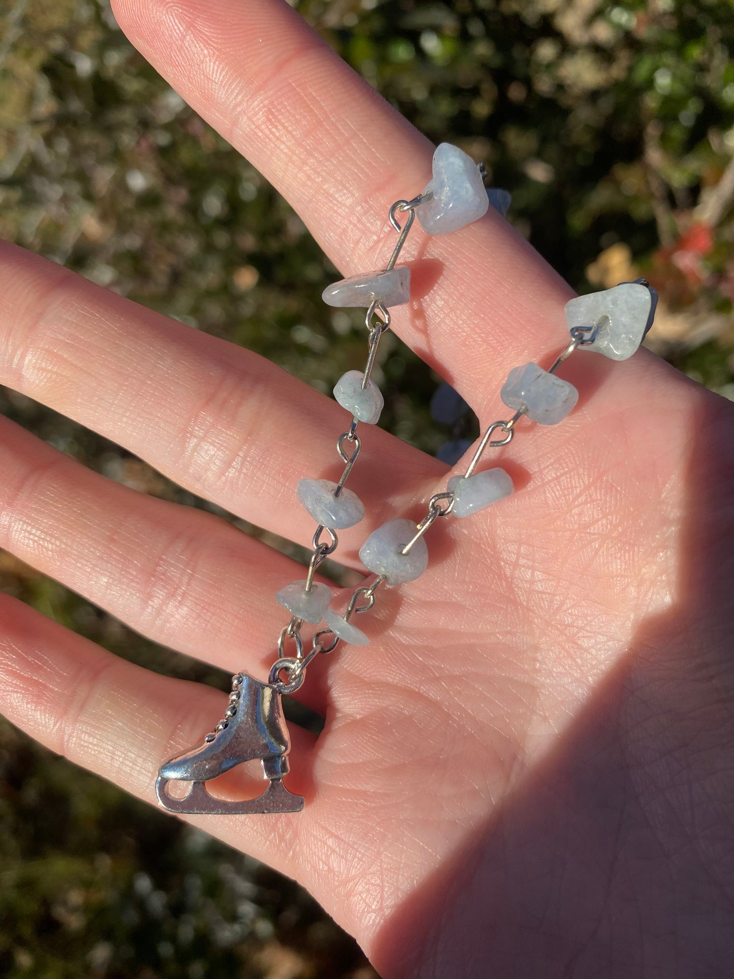 Ice Figure Skating Aquamarine Gemstone Silver Charm Necklace