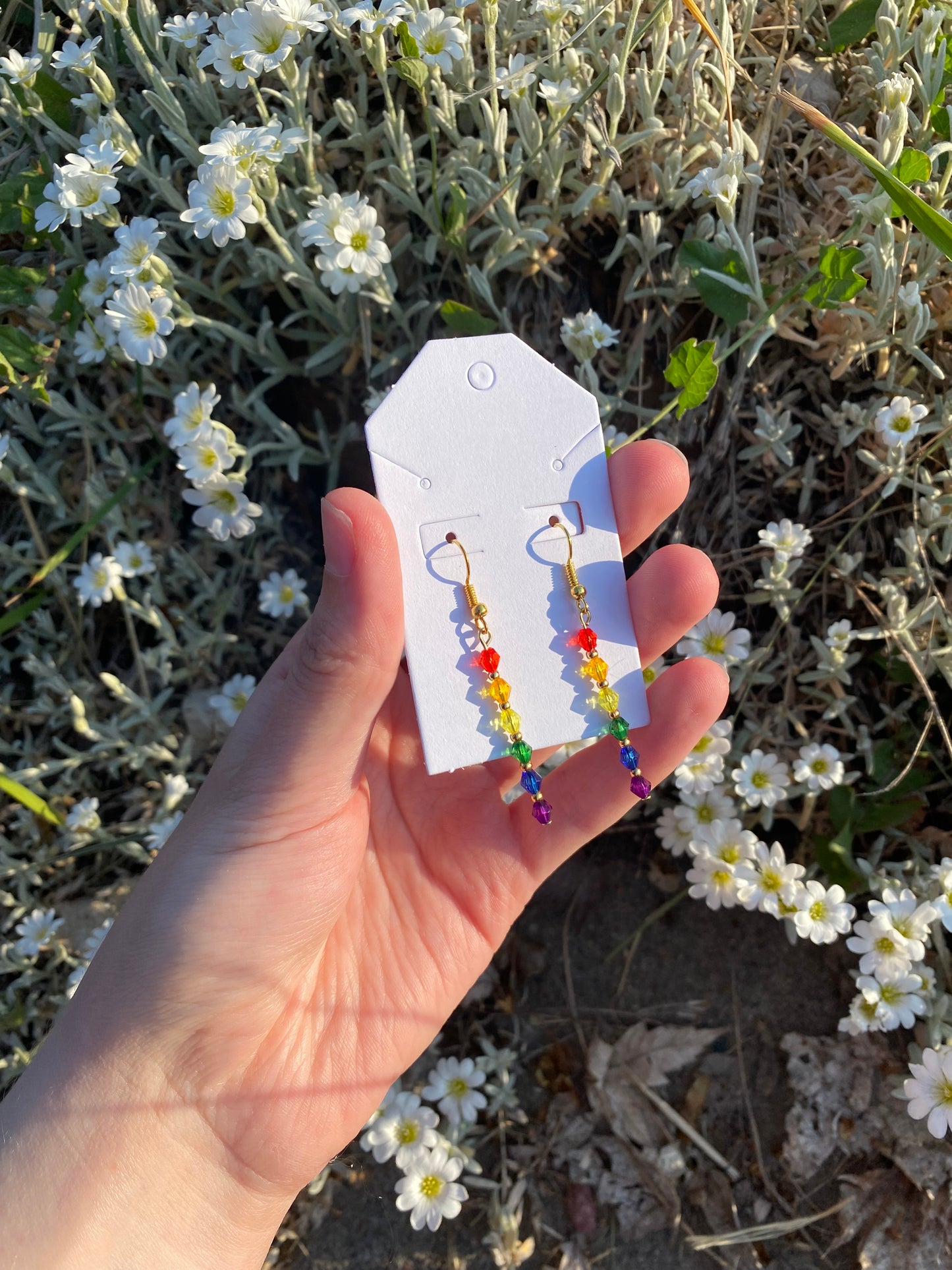 Gold Beaded Rainbow Crystal Dangle Drop Earrings