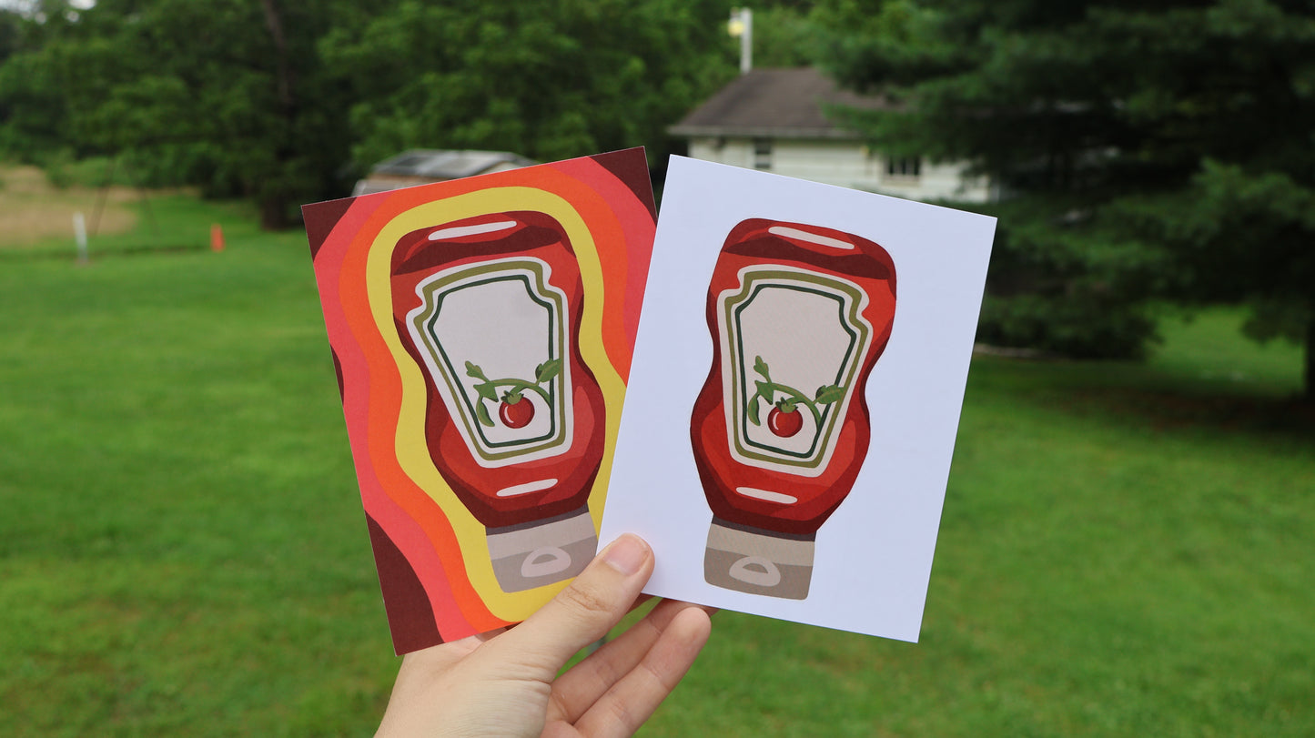 Ketchup Bottle Postcard in White or Groovy Warm Colors