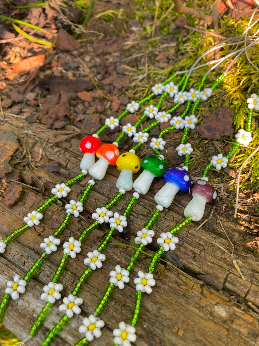 Mushroom and Daisy Beaded Adjustable Friendship Bracelet/Anklet