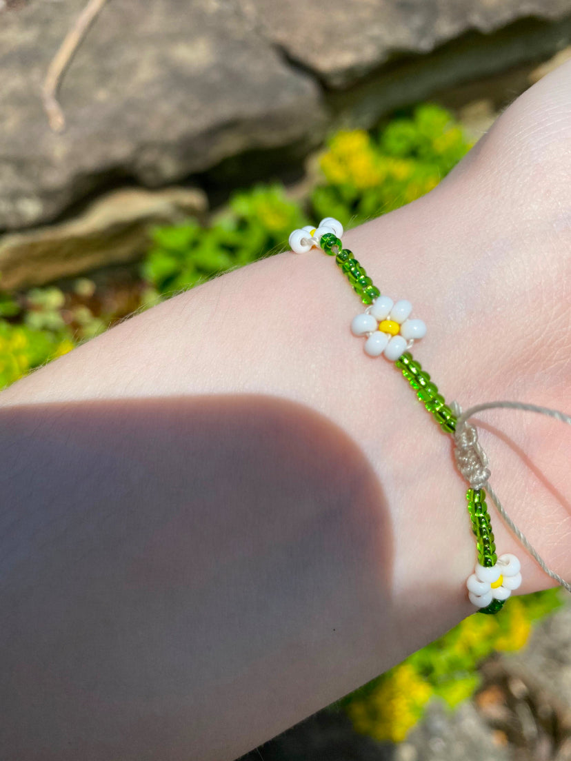 Mushroom and Daisy Beaded Adjustable Friendship Bracelet/Anklet