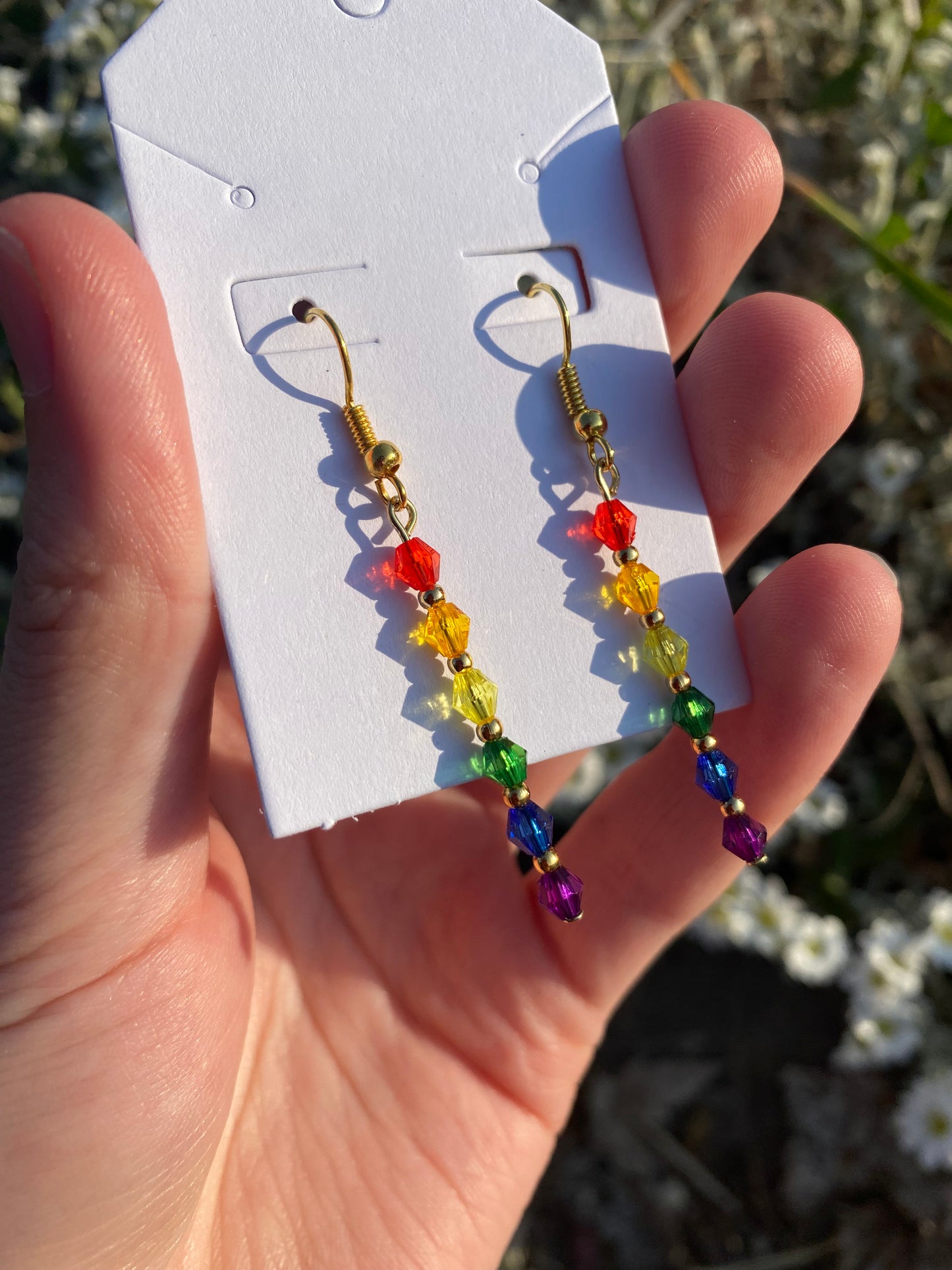 Gold Beaded Rainbow Crystal Dangle Drop Earrings