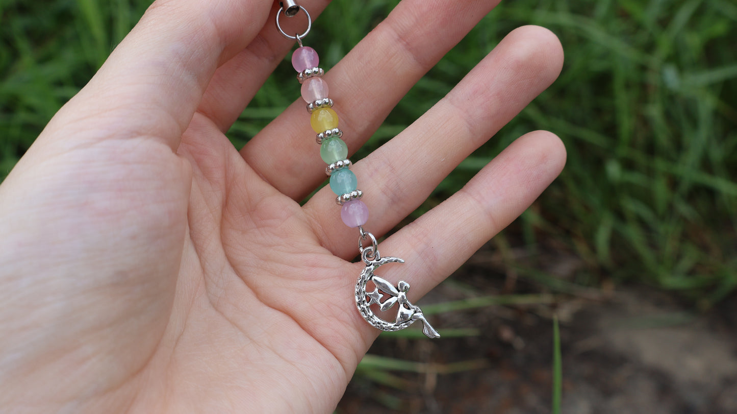 Pastel Rainbow Fairy on a Moon Silver Phone Charm