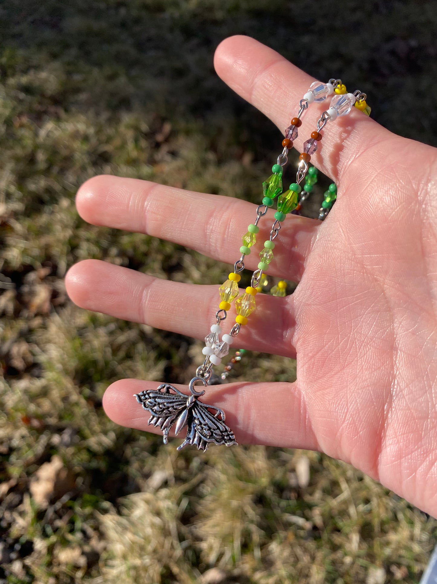 Luna Moth Silver Beaded Charm Necklace