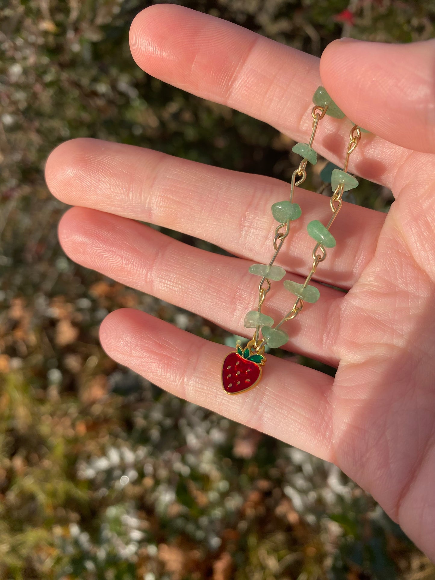 Strawberry Aventurine Fruit Gemstone Gold Charm Necklace