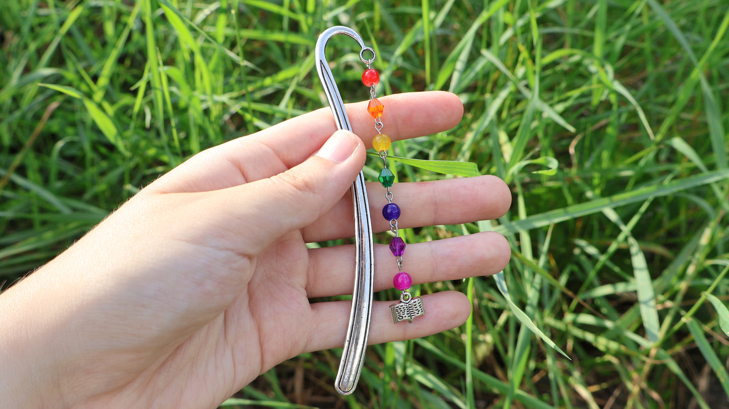 Rainbow Beaded Reading Bookmark in Silver