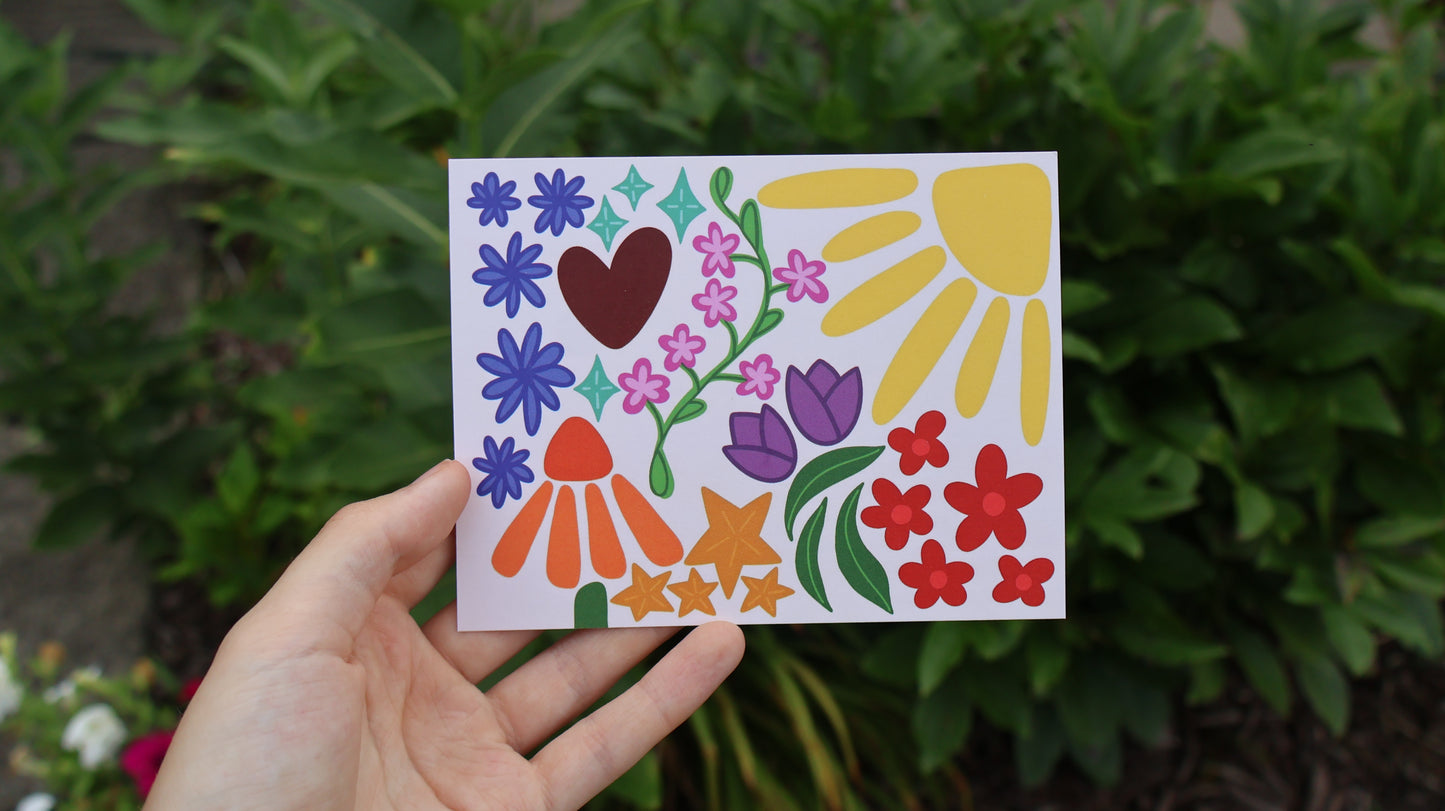 Off White Floral, Stars, and Hearts Colorful Postcard