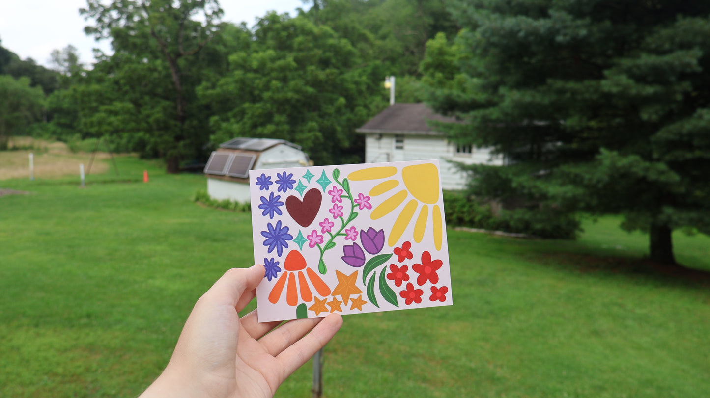 Off White Floral, Stars, and Hearts Colorful Postcard