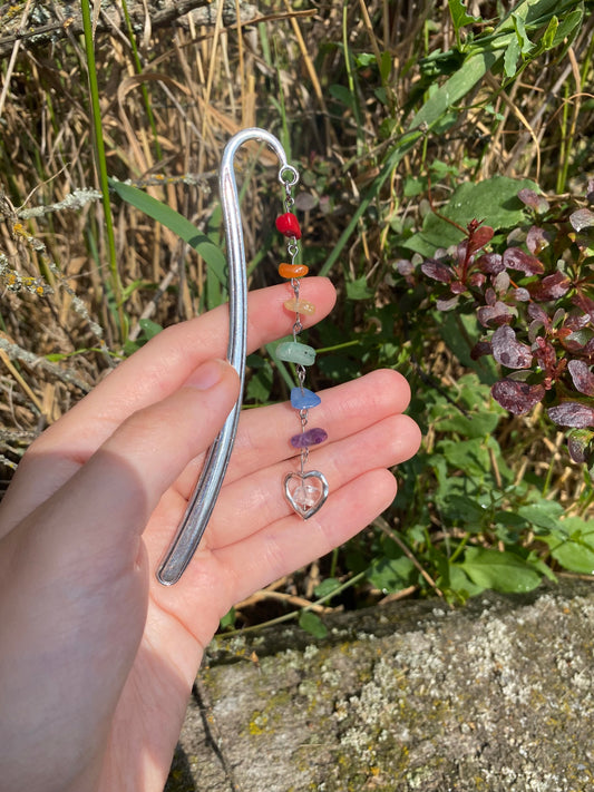 Large Rainbow Heart Gemstone Bookmark in Silver