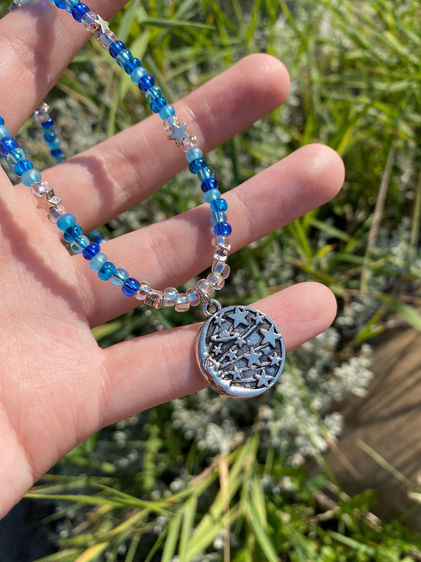 Blue Phases Moon, Stars and Planet Beaded Silver Charm Necklace