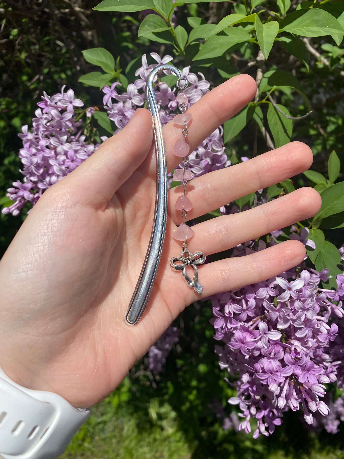 Pink Rose Quartz Bow Silver Bookmark