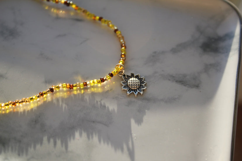 Yellow and Brown Dainty Silver Sunflower Beaded Charm Necklace