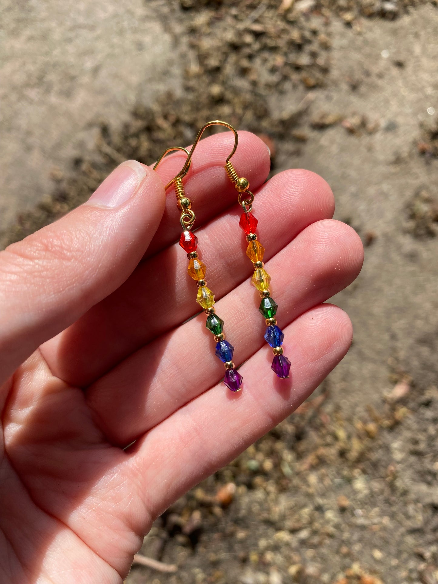 Gold Beaded Rainbow Crystal Dangle Drop Earrings