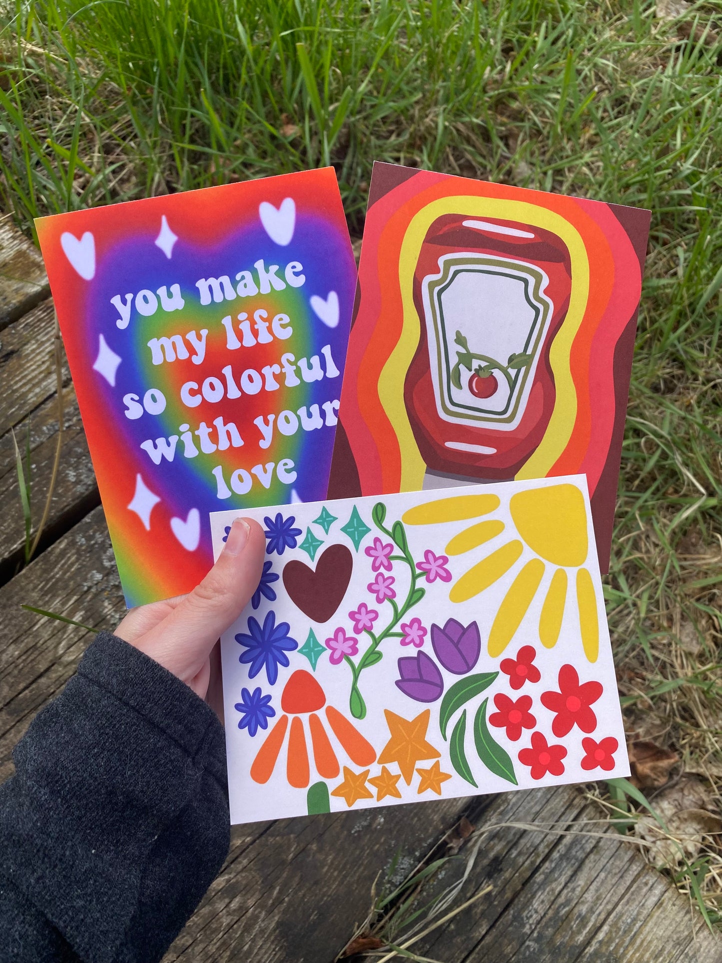 Off White Floral, Stars, and Hearts Colorful Postcard