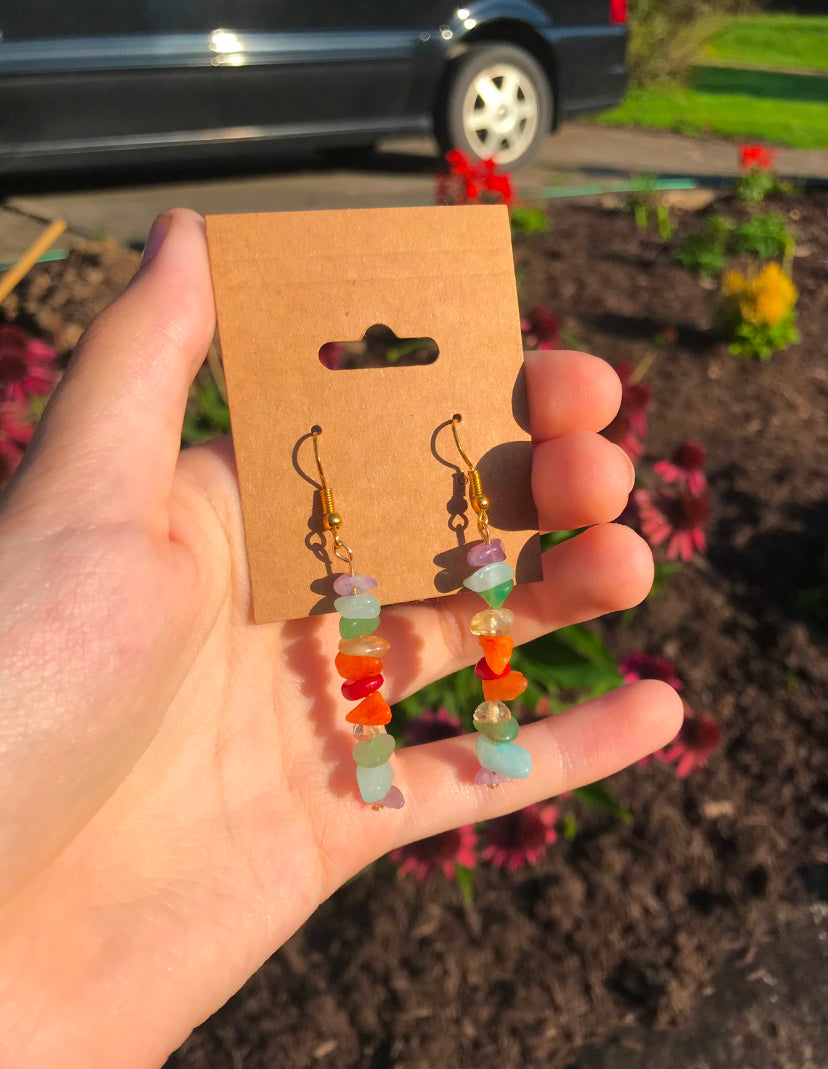 Rainbow Gemstone Chips Gold Dangle Drop Earrings