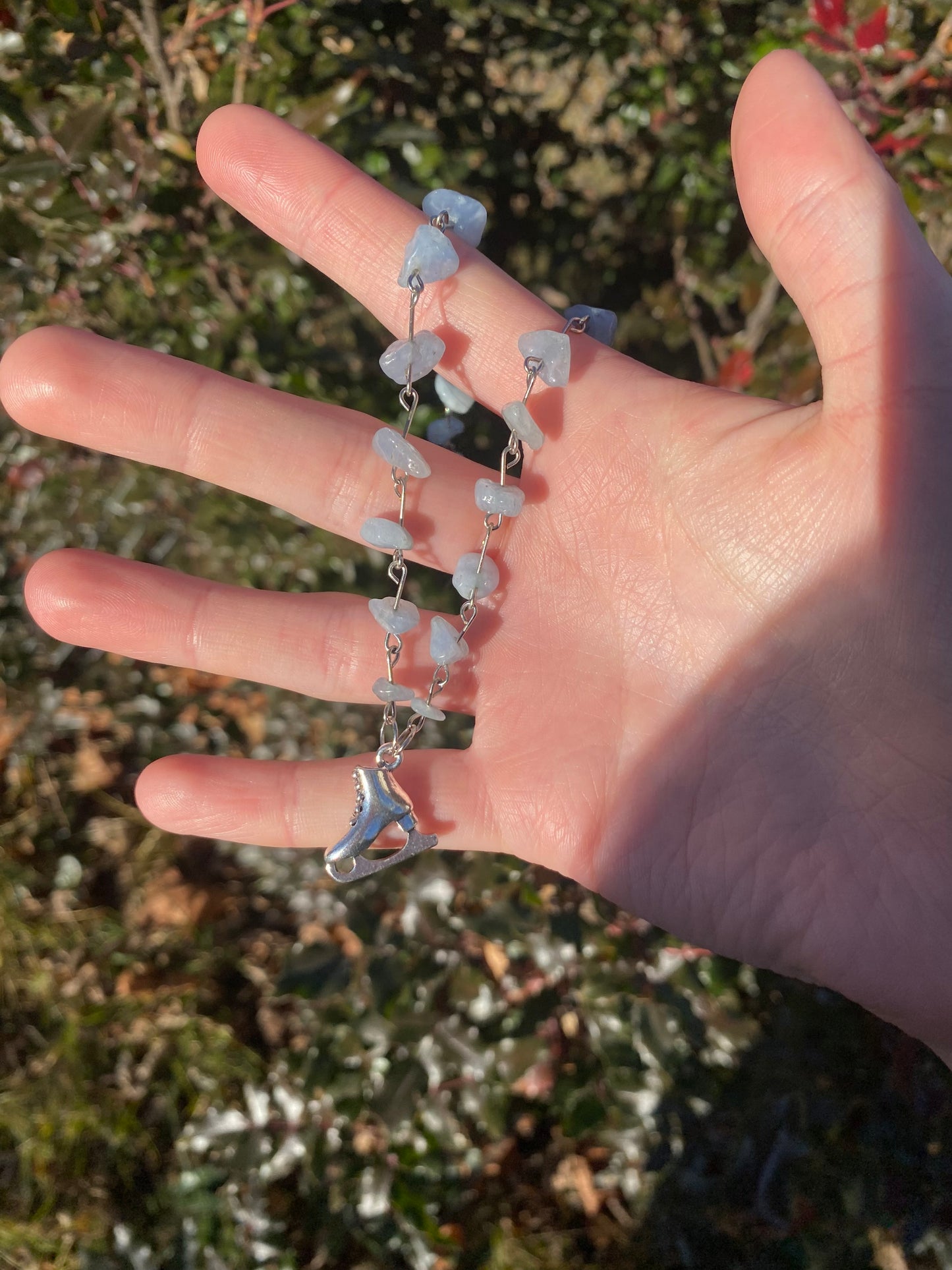 Ice Figure Skating Aquamarine Gemstone Silver Charm Necklace