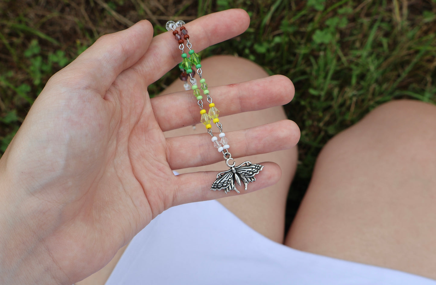 Luna Moth Silver Beaded Charm Necklace