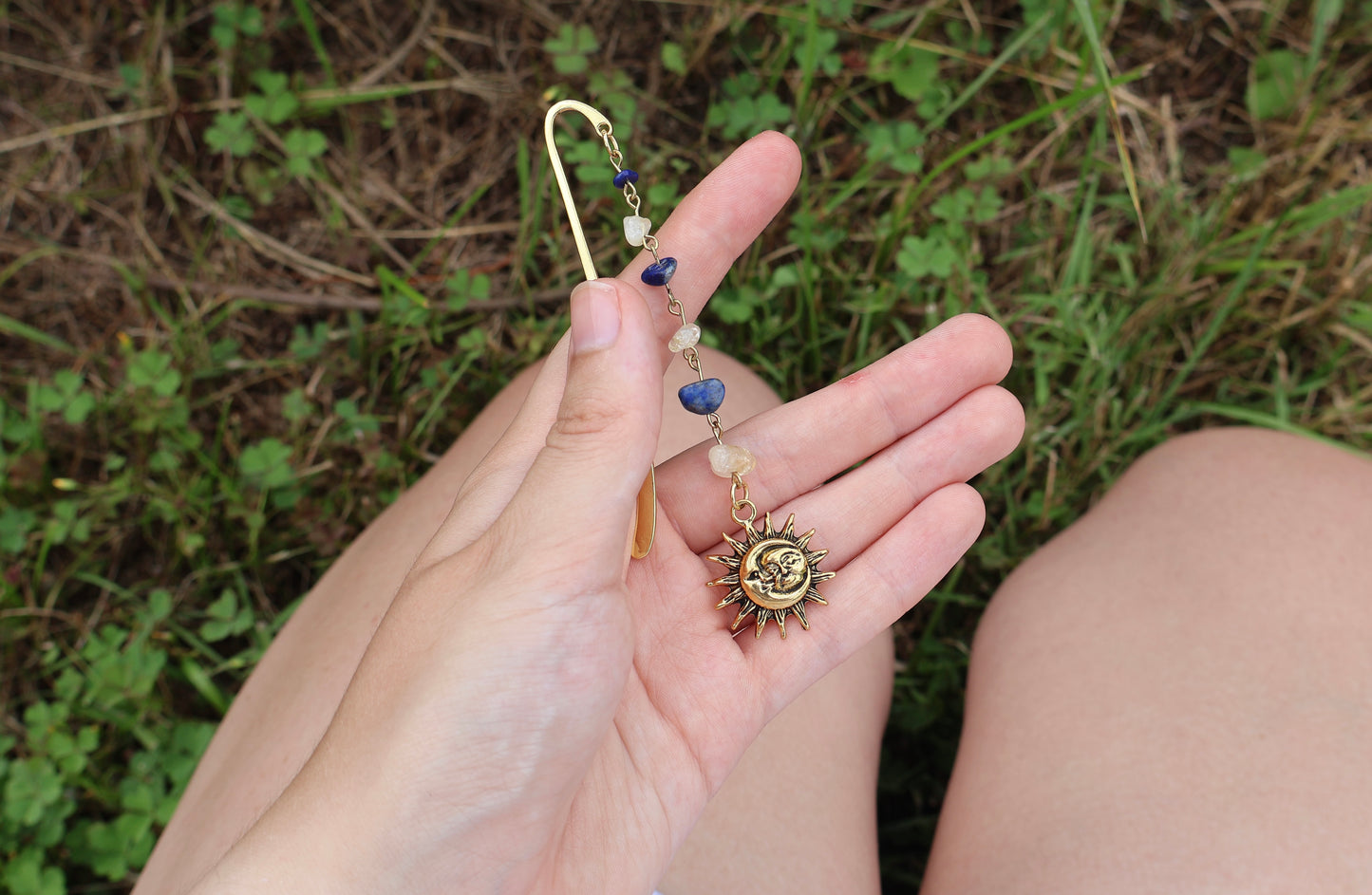 Sun and Moon Gold Citrine and Lapis Gemstone Charm Bookmark
