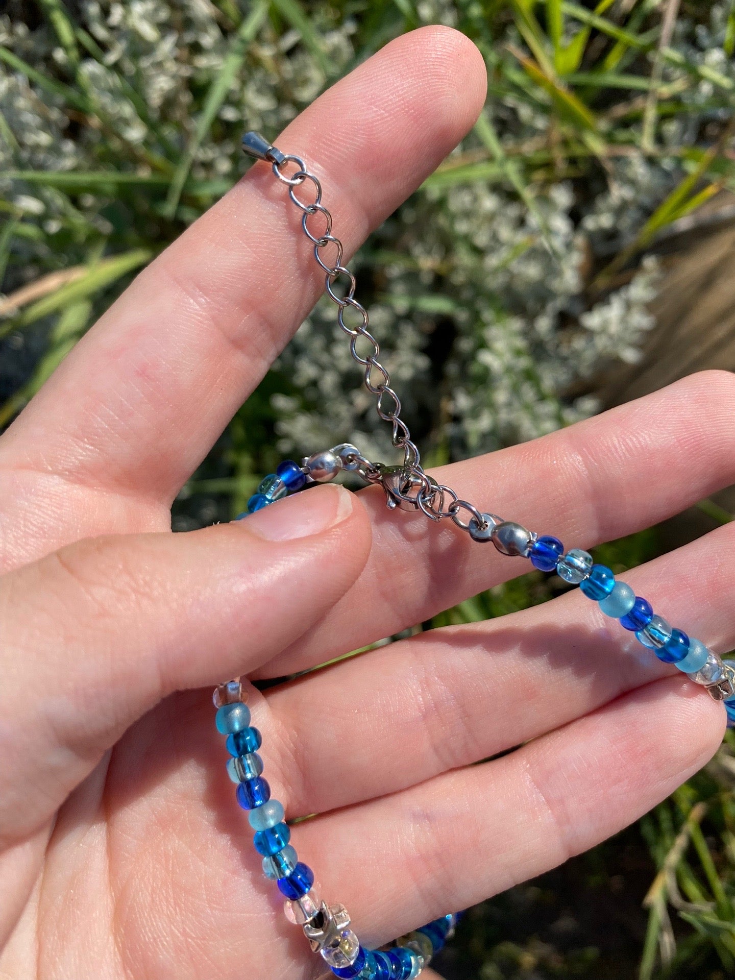Blue Phases Moon, Stars and Planet Beaded Silver Charm Necklace