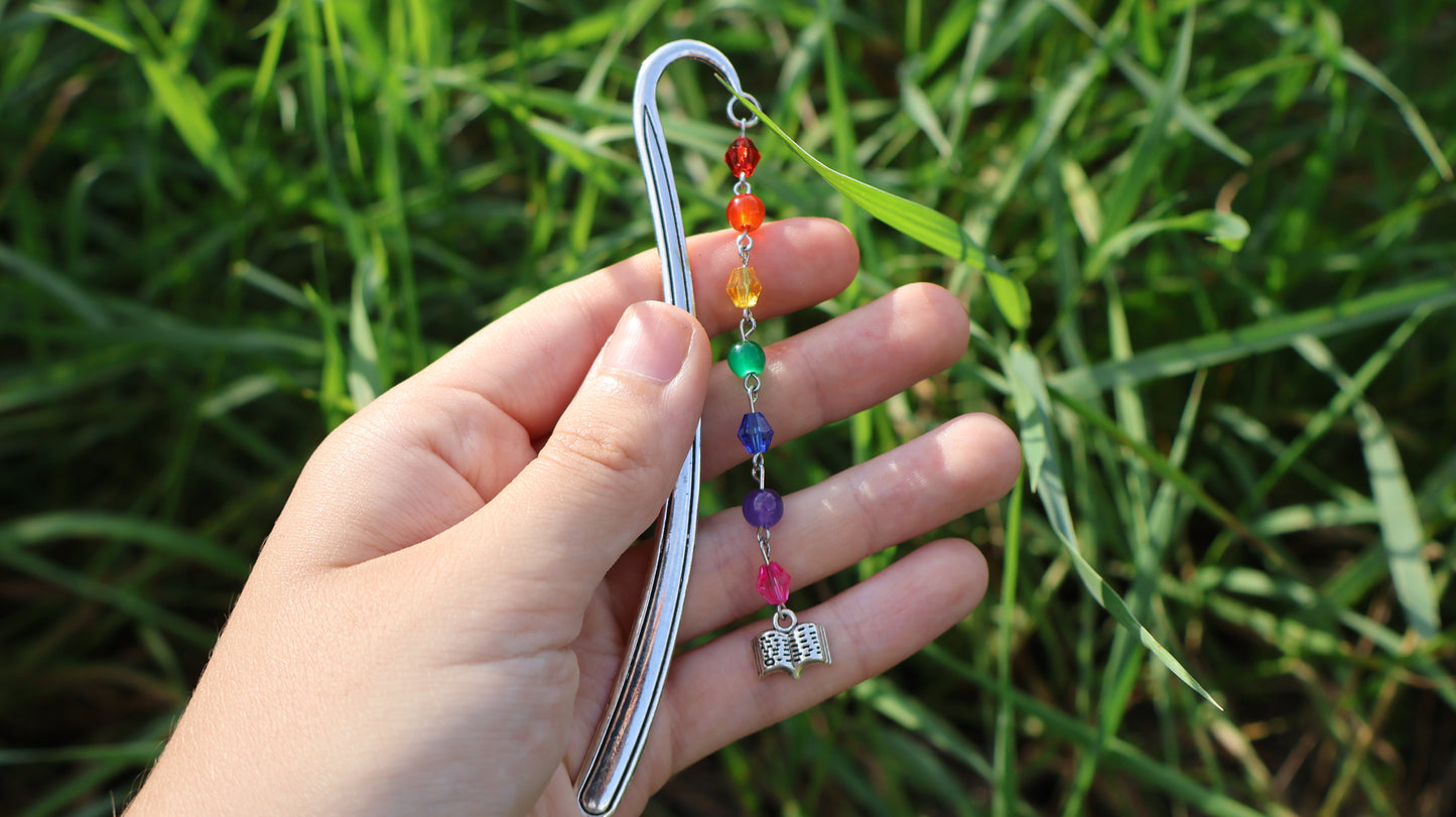 Rainbow Beaded Reading Bookmark in Silver
