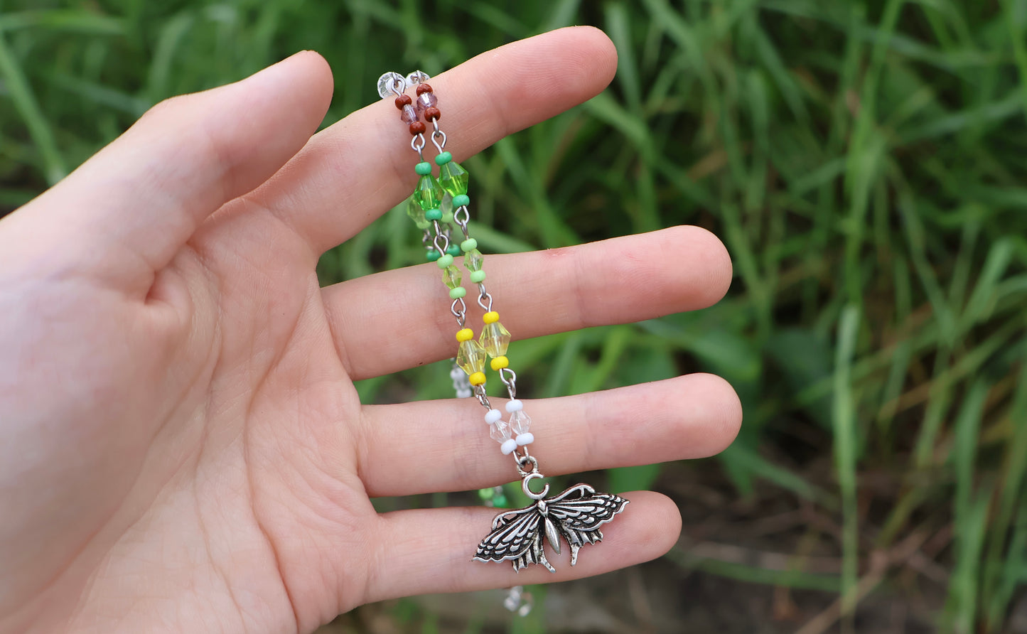 Luna Moth Silver Beaded Charm Necklace