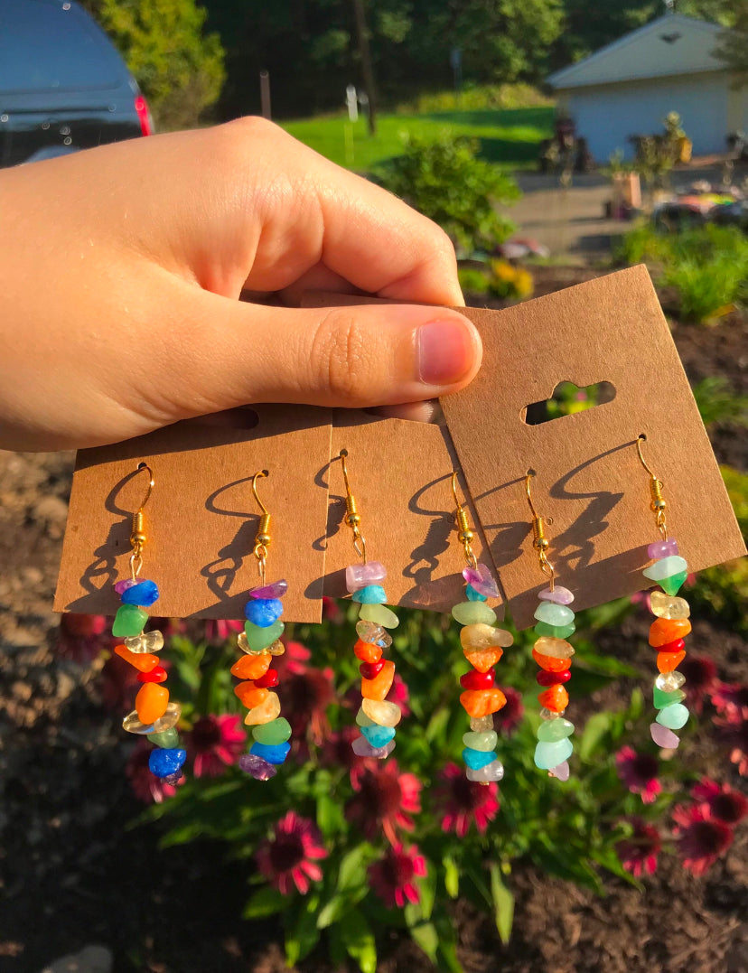 Rainbow Gemstone Chips Gold Dangle Drop Earrings