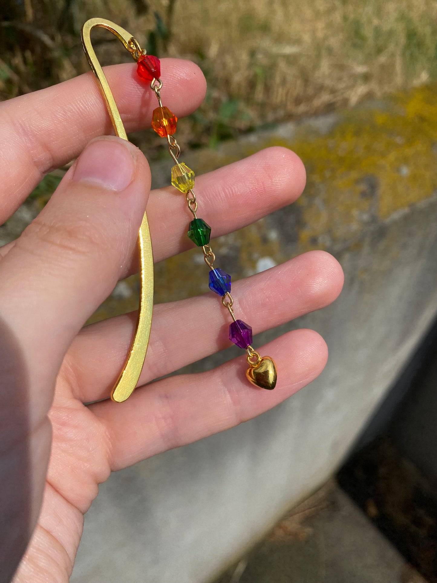 Rainbow Crystal Bead Gold Heart Bookmark