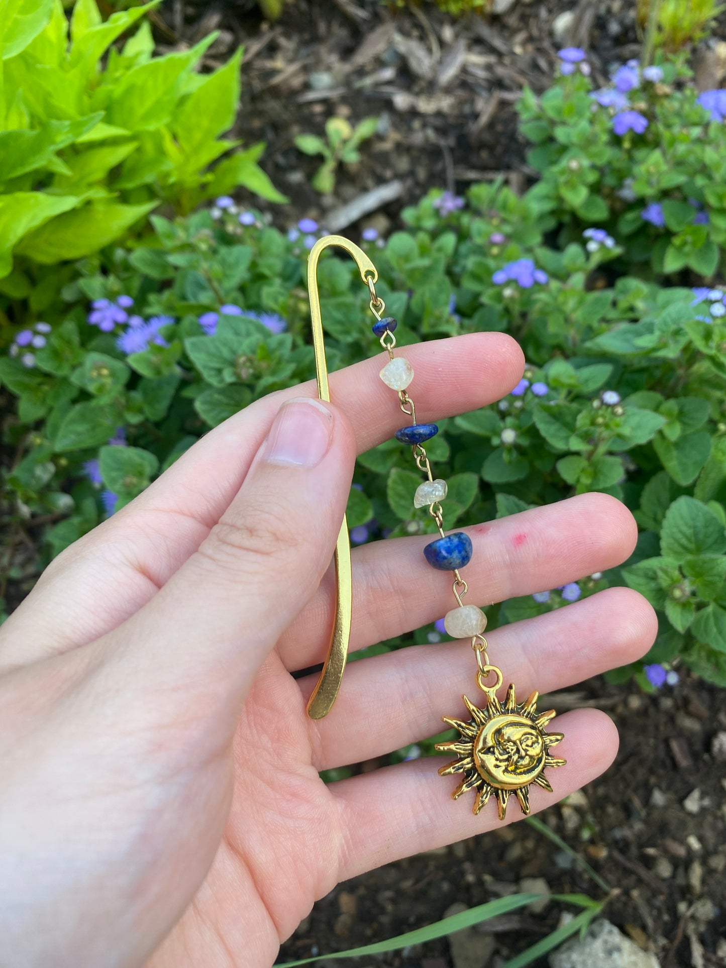 Sun and Moon Gold Citrine and Lapis Gemstone Charm Bookmark