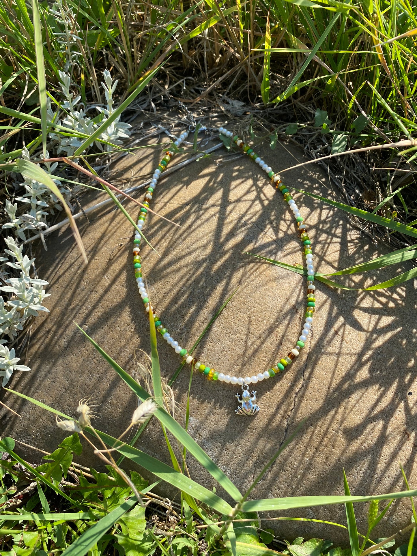 Frog Faux Pearls and Beads Silver Charm Necklace