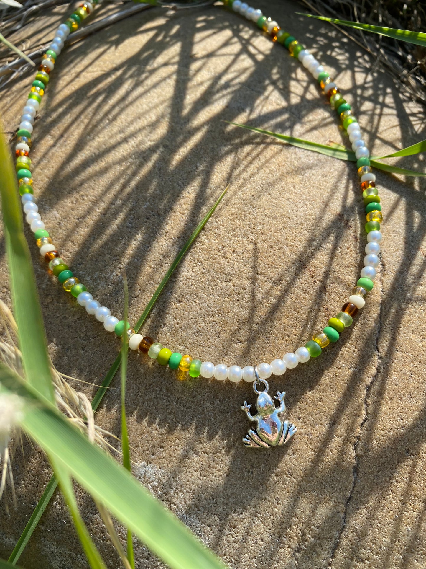 Frog Faux Pearls and Beads Silver Charm Necklace