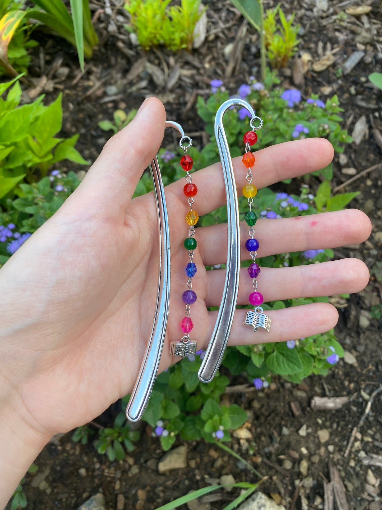 Rainbow Beaded Reading Bookmark in Silver