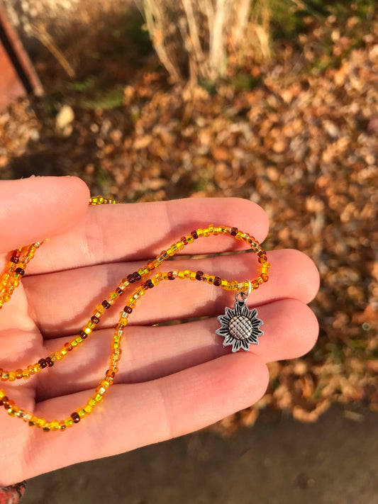 Yellow and Brown Dainty Silver Sunflower Beaded Charm Necklace