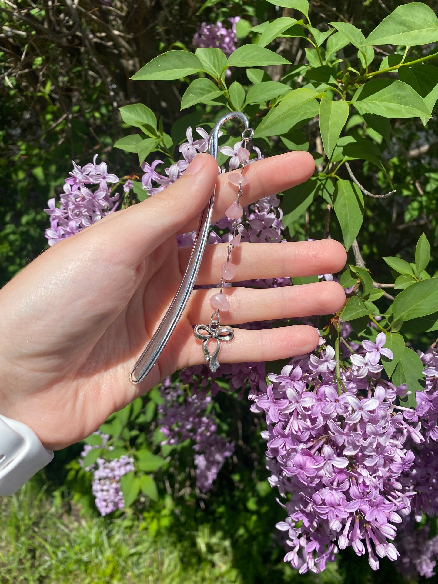 Pink Rose Quartz Bow Silver Bookmark