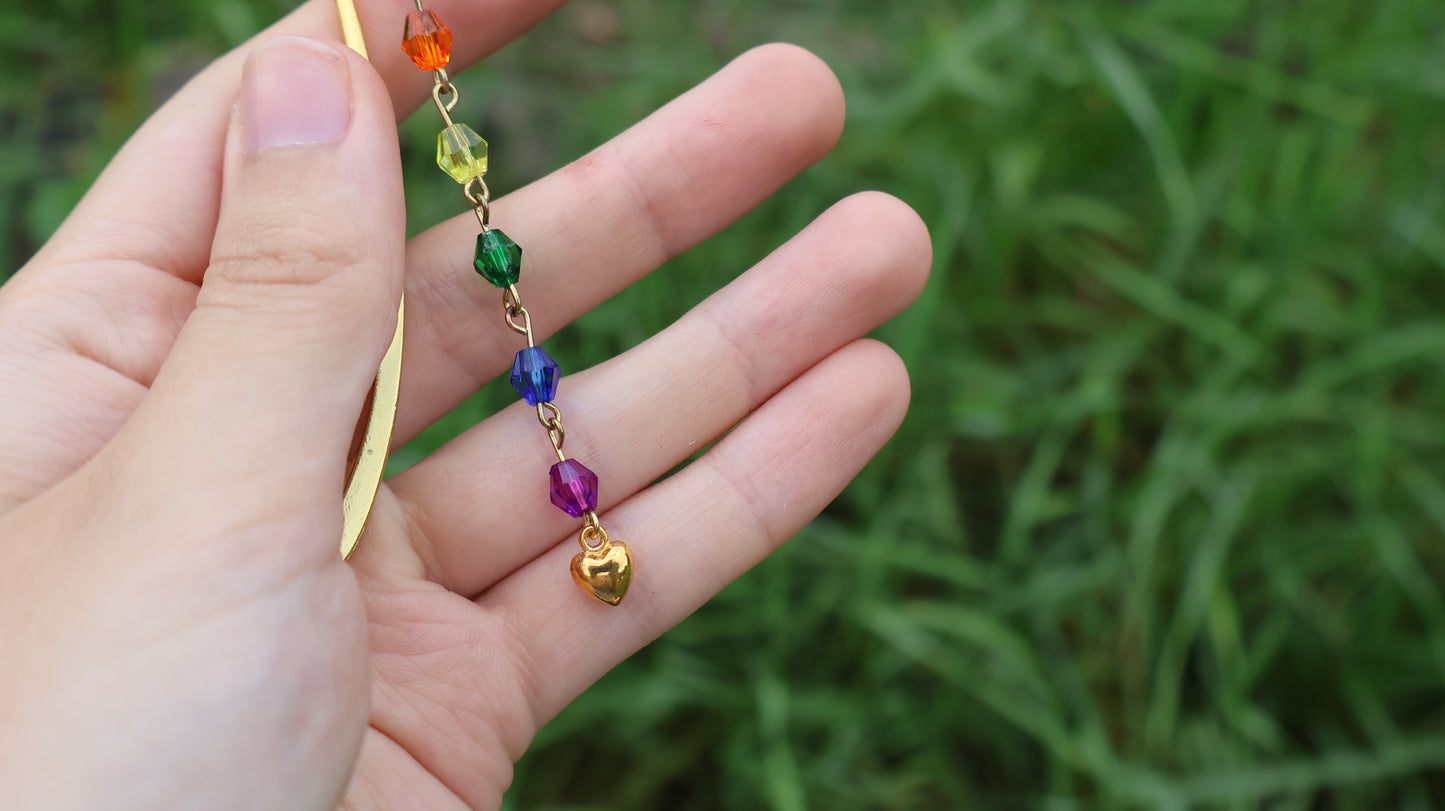 Rainbow Crystal Bead Gold Heart Bookmark