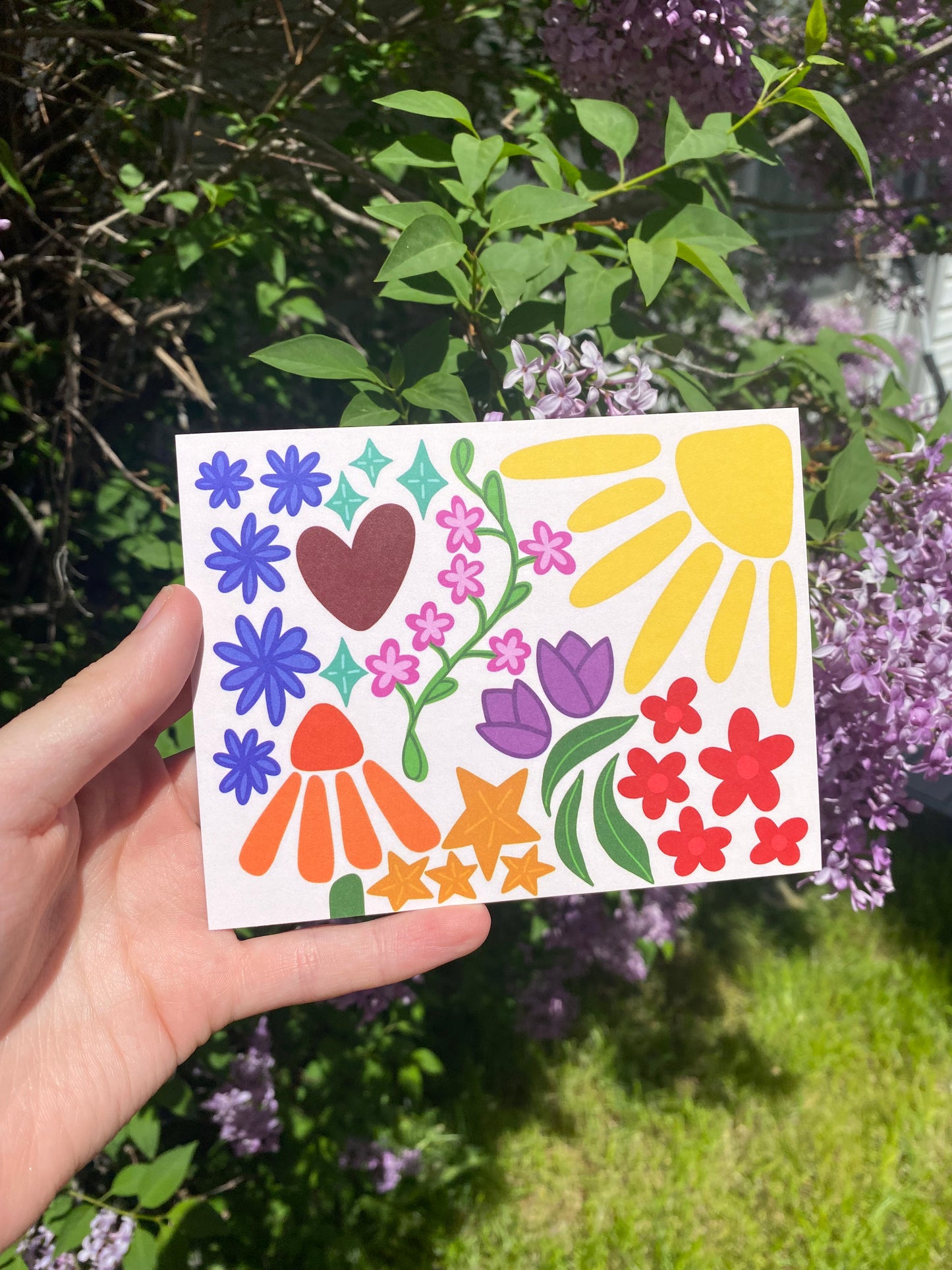 Off White Floral, Stars, and Hearts Colorful Postcard