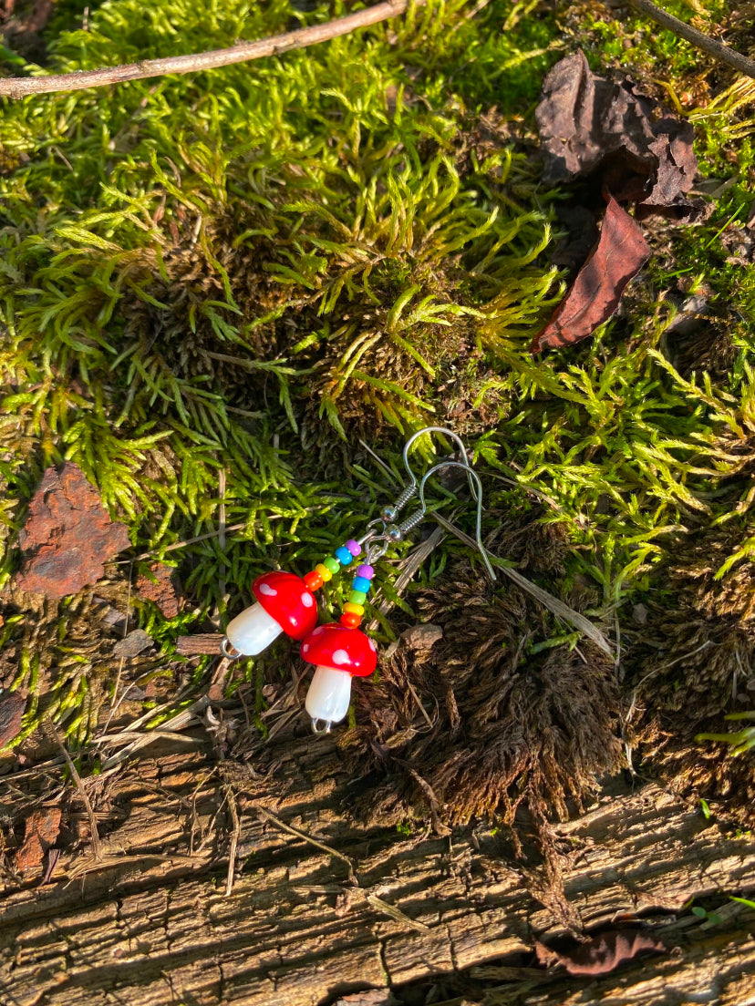 Rainbow Mushroom Plant Dangle Drop Earrings