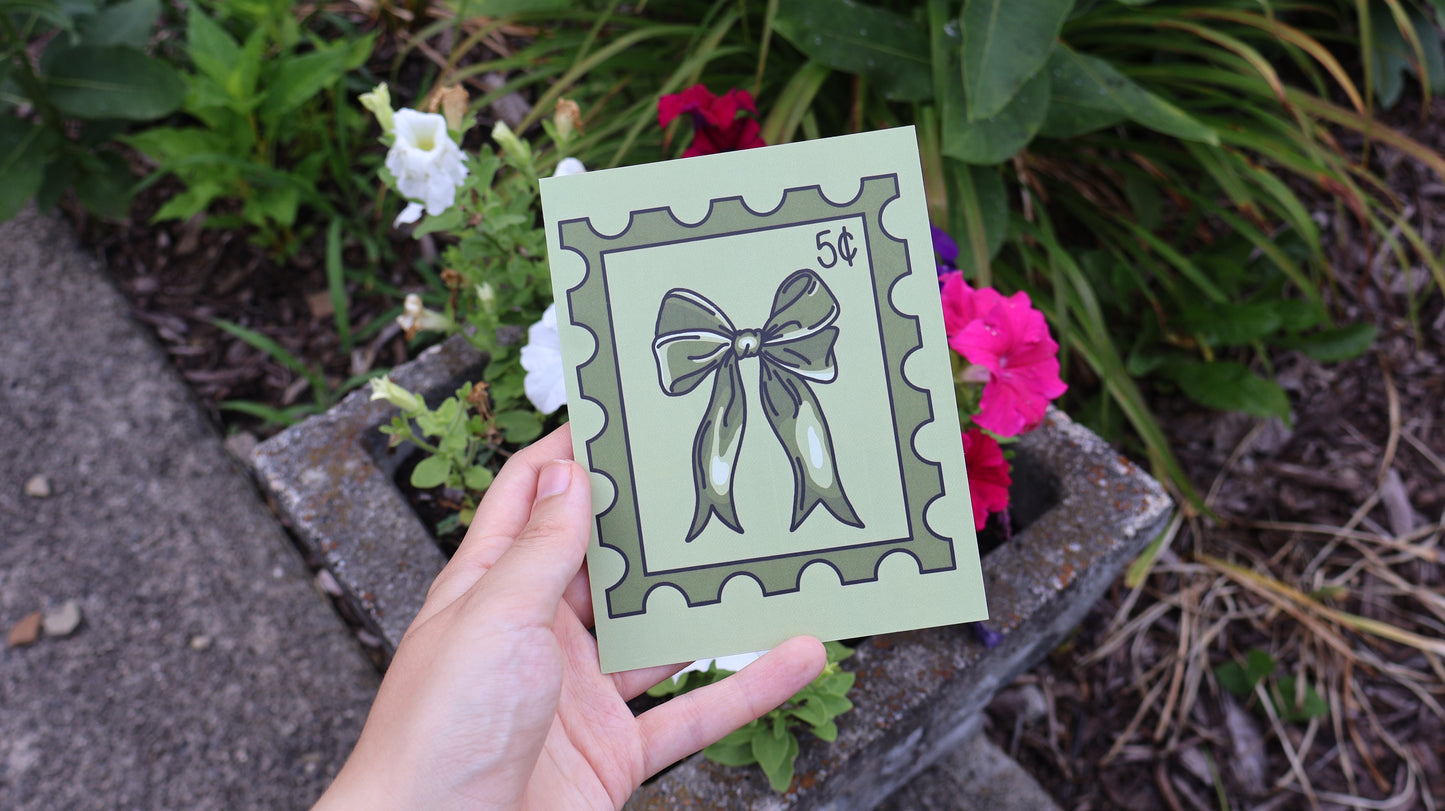 Bow Postage Stamp Design Postcard in Pink or Green