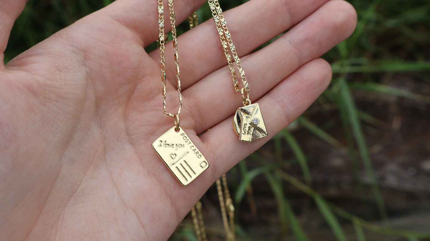 Love Letter Gold Mail Inspired Sunburst Charm Necklace in Postcard or Card