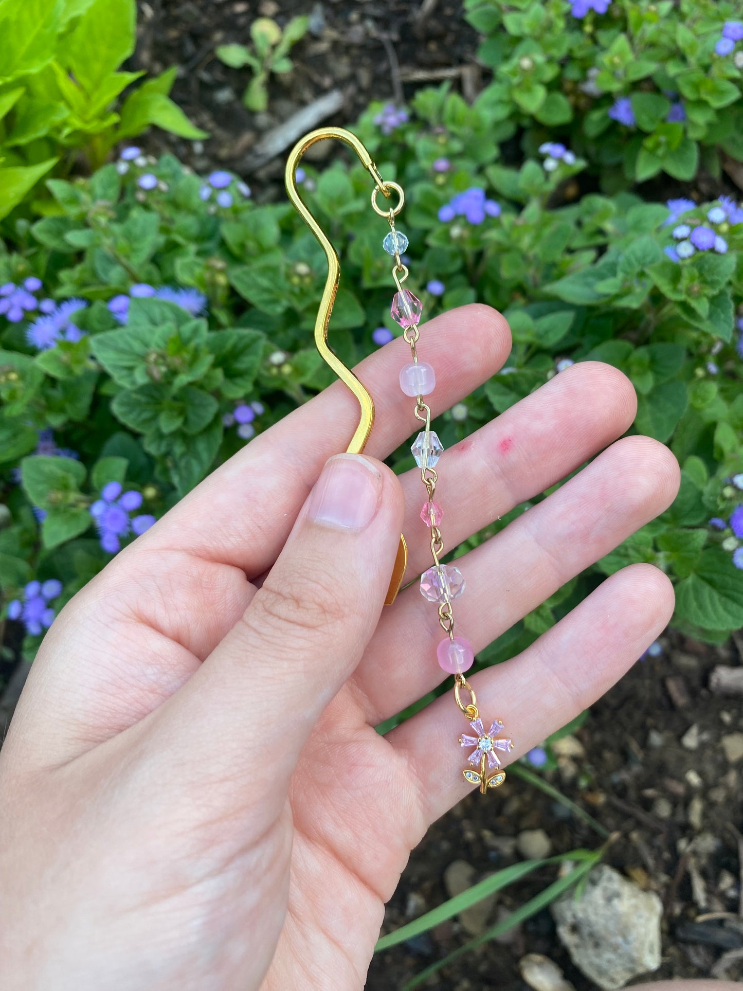 Gold Flower Beaded Wavy Bookmark in Pink or Purple