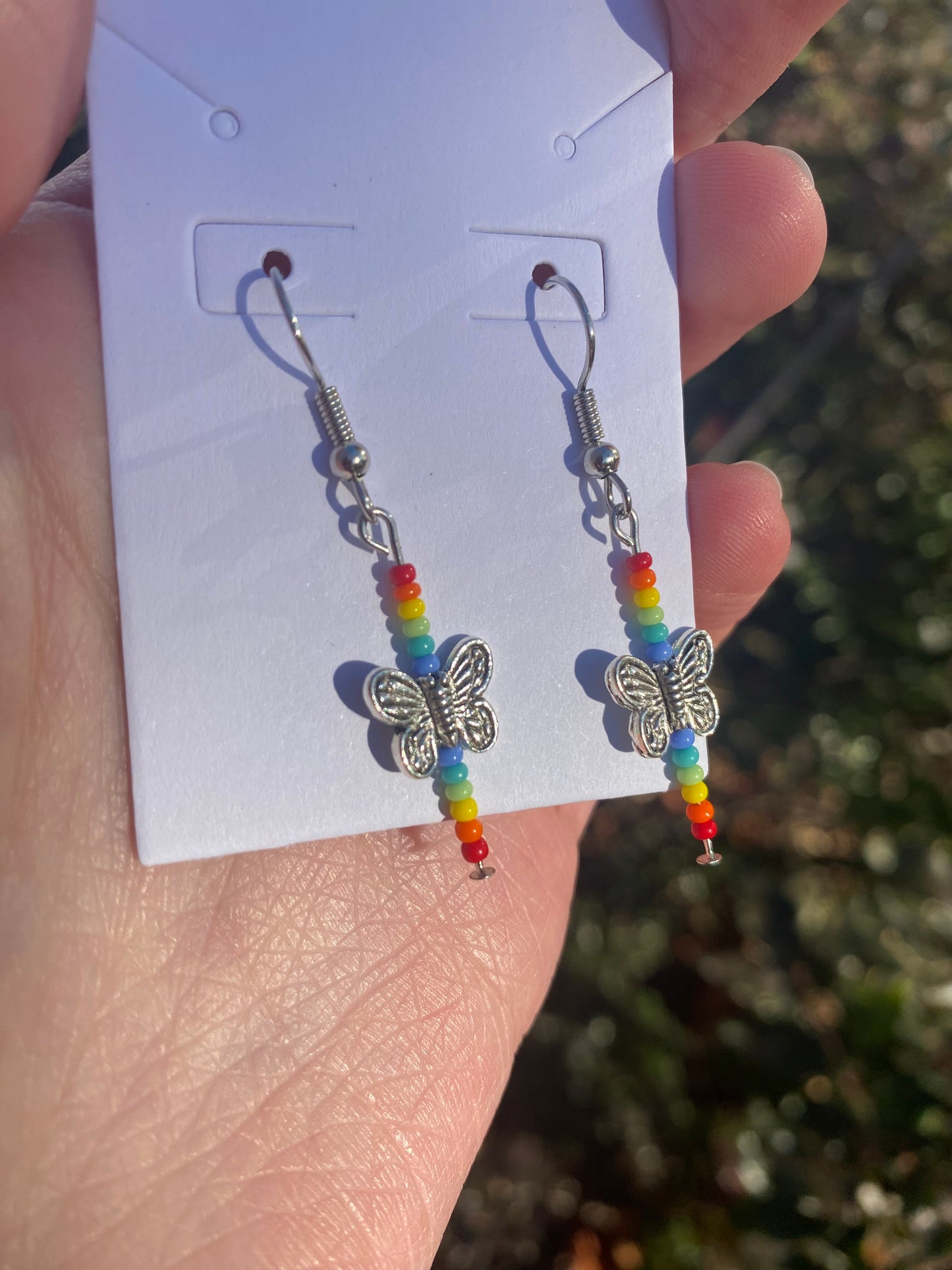 Rainbow Butterfly Dangle Drop Silver Charm Earrings