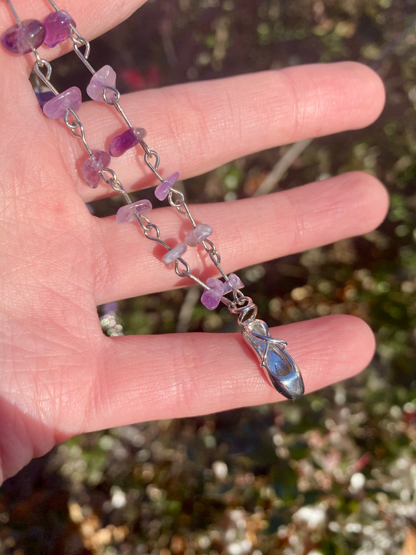 Ballet Pointe Shoe Gemstone Necklace in Gold Rose Quartz and Silver Amethyst Stones